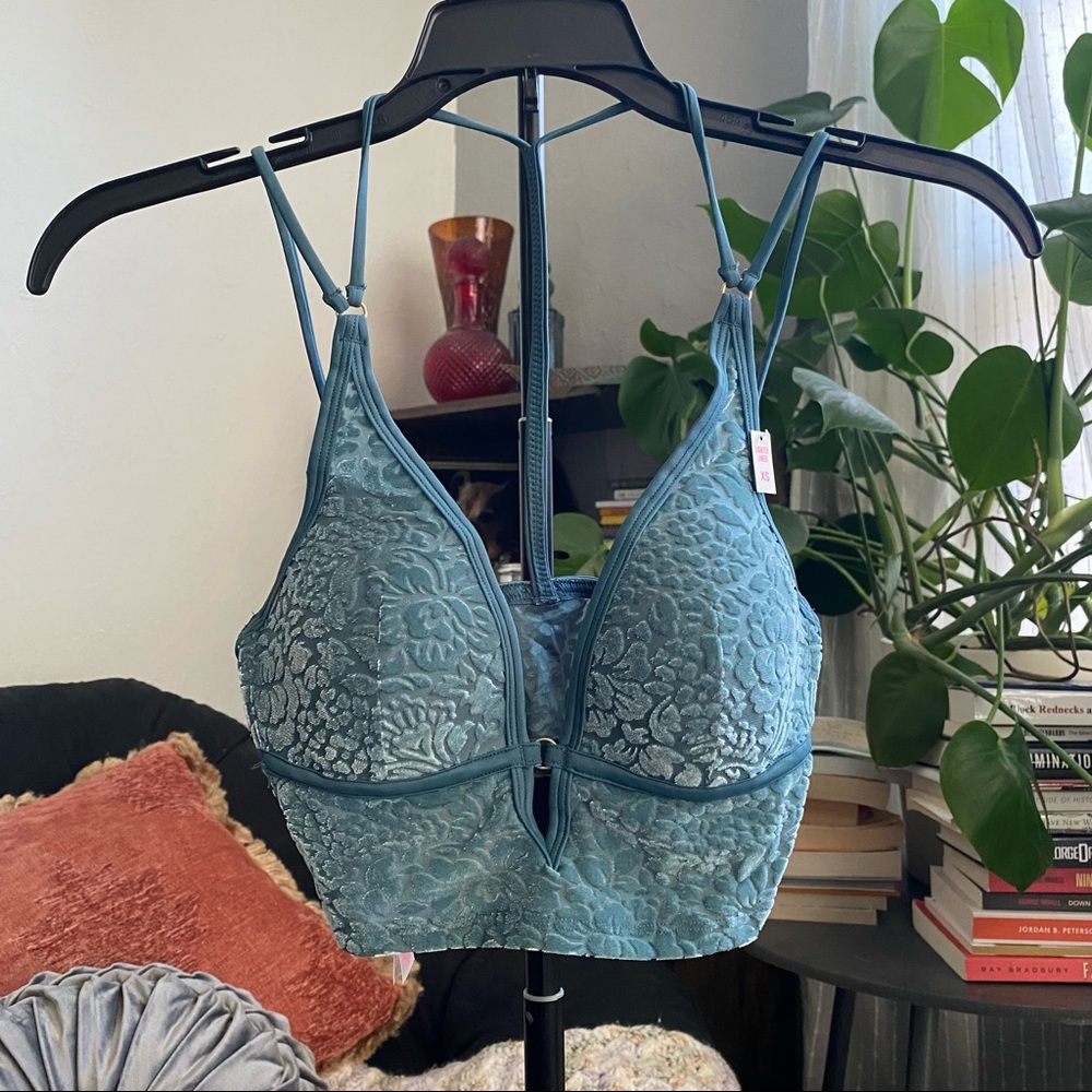 VS PINK Light Teal Minty Green Floral Velvet Bralette Bra